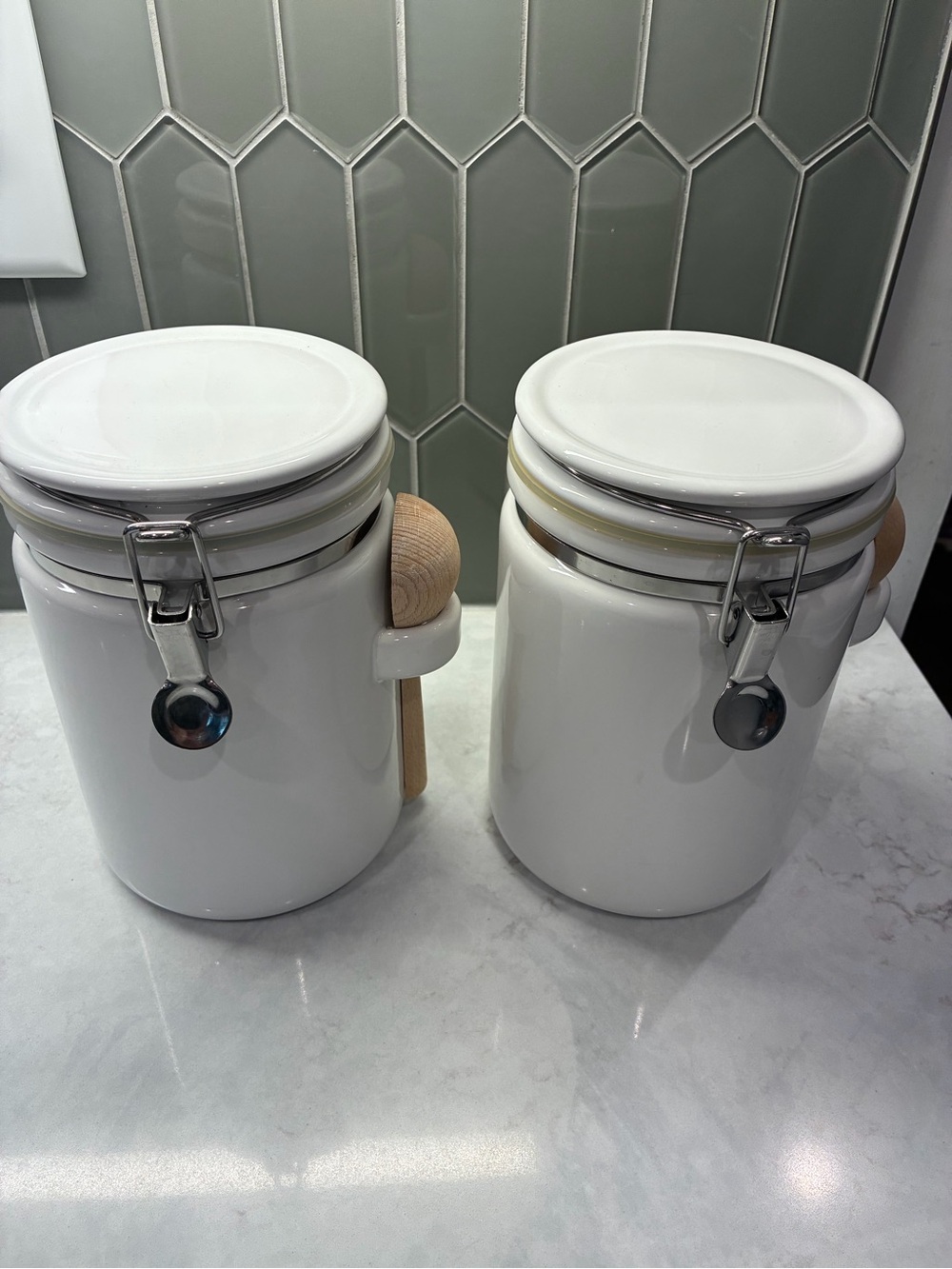 Crate&Barrel White Ceramic Pantry Jars with Wooden Spoons, Set of 2